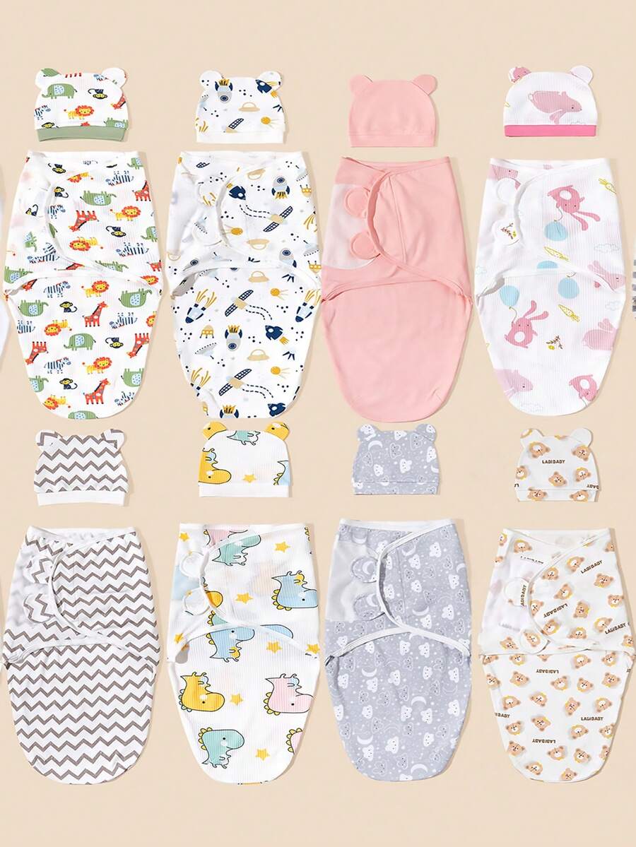 2pcs/Set Baby Unisex Printed Hat And Swaddle Blanket, Spring/Summer - Multicolor - View 1