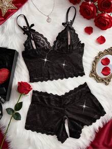 2件套情人节惊喜礼物新款花卉蕾丝性感内衣套装，开裆诱人内裤，优雅精致的女士派对装扮 - 黑色 - 查看 9