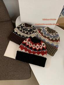 1pc Fashionable Retro Fairisle Knit Beanie Hat For Men, Warm & Windproof, Versatile, Loose Fit Flattering, Unisex Casual Winter Hat - Multicolor - View 4
