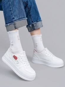 女士时尚休闲百搭运动鞋，厚底系带白色休闲鞋，适合所有季节 - 粉色 - 查看 5