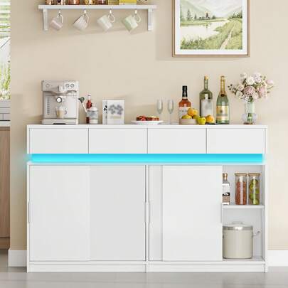 Hzuaneri Sideboard mit 4 Schubladen, Küchenschrank mit 4 Schiebetüren, Buffetschrank mit Steckdosenleiste und LED-Licht, verstellbares Regal, Küche, Wohnraum, 40 x 140 x 85 cm, Weiß