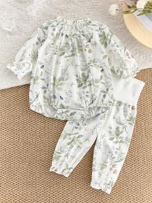 Spring Baby Girl Rabbit Print Romper And Pants Casual Outfit - Green - View 3