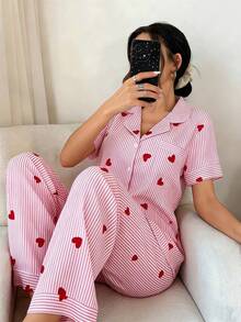 2pcs Valentine's Day Women Striped Heart Print Pajama Set, Short Sleeve Button Collar Top And Pants, Casual Loungewear
