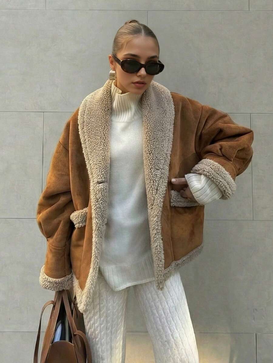 Women's Casual Warm Lightweight Autumn/Winter Jacket, Fashionable Regular Length Teddy Bear Coat, Made Of Wool-Feel Fabric, With Shawl Collar And Contrast Trim - Brown - View 1