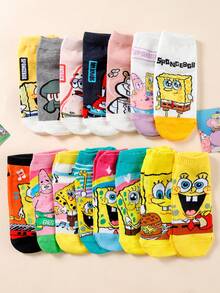 SpongeBob SquarePants 6/10双随机女士短袜，海绵宝宝主题卡通人物设计，吸湿透气，用途广泛 - 彩色 - 查看 2