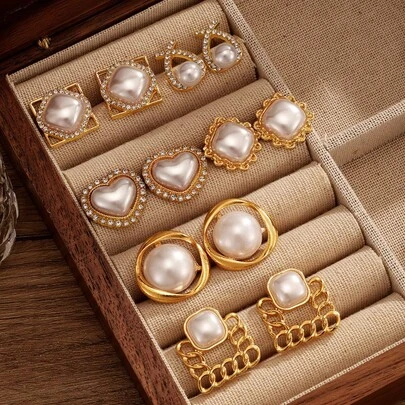 Set de 6 pares de pendientes de perla vintage con diseños de corazón y cuadrado con strass, juego de joyas retro para uso diario y fiestas