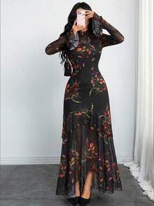Vuslat 女士黑色花卉网纱长款连衣裙，立领长袖荷叶边下摆，优雅派对晚礼服，适合情人节、街头、约会等场合。 - 黑色 - 查看 9