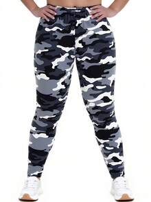 大码女士迷彩印花紧身裤，休闲运动户外健身裤，简约柔软弹力修身打底裤，适合居家、健身房、瑜伽和度假穿着。 - 黑與白 - 查看 5