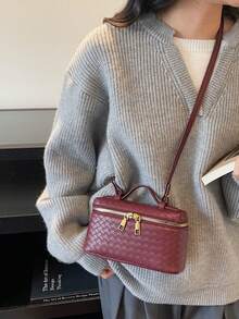 1pc Fashion Women's Crossbody Bag, Solid Color Square Handbag, Box-Shaped, PU Leather Woven Texture, Zipper Closure, Adjustable Strap, Casual Daily Bag Suitable For Young Women - Travel, Work, Shopping, Dating, Gift, Office - Burgundy - View 4