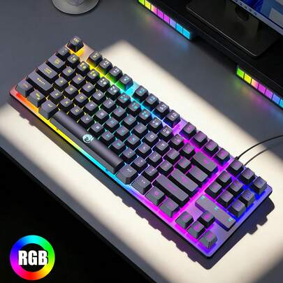K87 RGB Mechanical Gaming Keyboard, 87-Key Mechanical Tactile Rainbow Backlit Wired Keyboard, Floating Keycaps Gaming Keyboard, Ergonomic Design, Wired USB Connection, Suitable For PC, Laptop, Gamers And Typists, Designed For Windows PC Gamers