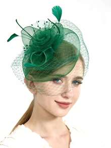 1 Peça Chapéu Fascinator Vintage Feminino dos Anos 20, 30 e 50, Peça de Cabeça Encantadora com Laço, Véu Floral, Adequado para Casamento, Chá da Tarde, Dia de São Patrício - Verde - Visão 2