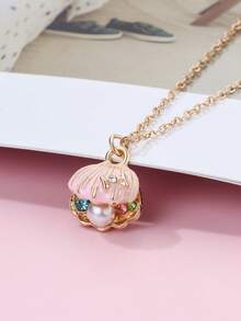 1pc Cute Shell Shaped Zinc Alloy Necklace With Faux Pearl & Rhinestone Decor, Suitable For Vacation & Travel Season Jewelry - one-size - View 10