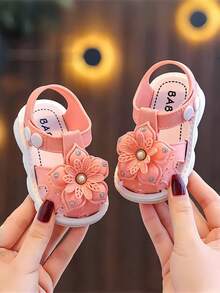 Summer Korean Style Comfortable Girls' Rhinestone 3D Flower Hollow Out Sandals - Hot Pink - View 7