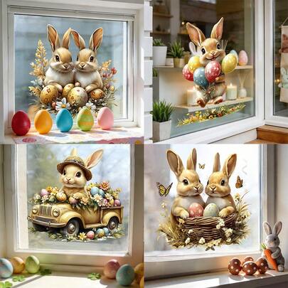 1pc Easter Window Cling Decal, Static Cling Vinyl Material With Cute Rabbit And Colorful Egg Patterns, Suitable For Home Holiday Decoration
