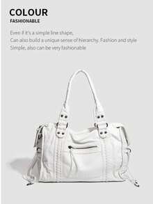 French Vintage Motorcycle Bag Shoulder Bag Crossbody Bag Large Capacity Ladies Bag Washed Bag - trắng - Xem 2
