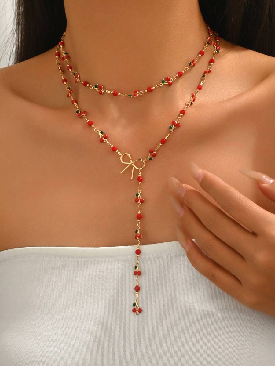 2pcs/Set Romantic Cherry Handmade Chain Bow Y-Necklace, Fashion Jewelry Gift For Women, Suitable For Daily Wear And Party, Handmade Chain Length Customizable - Multicolor - View 1