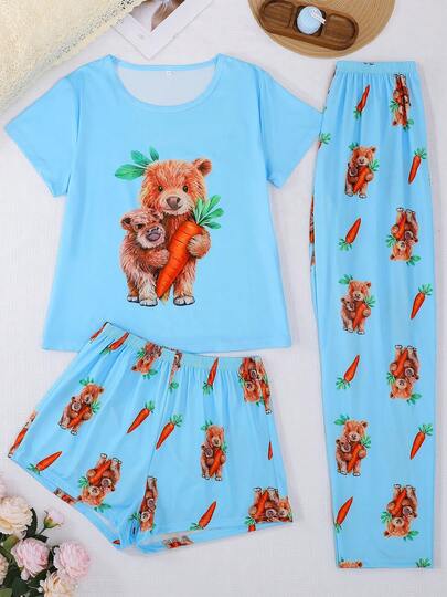[Livanti Pajamas]3pcs/Set Women's Sleepwear Set, Short Sleeve Top, Shorts & Pants, Cartoon Carrot Print, Comfortable & Loose Fit, Suitable For All Seasons, Homewear