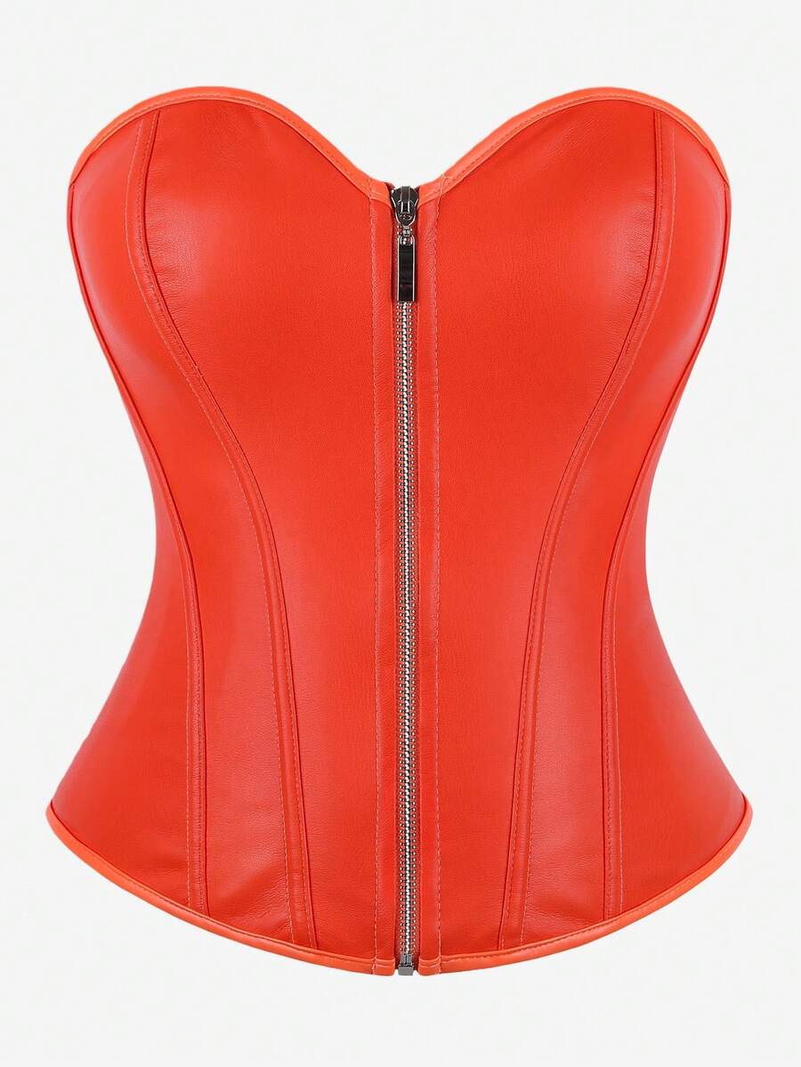 Overbust Corset Bustier With Zipper, Waist Trainer Corset Top For Outerwear Or Layering, Punk Costume Shapewear, Backless Lace-Up Bodysuit For Halloween - Coral Orange - View 1