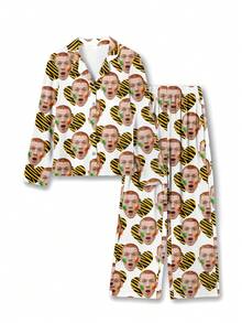 定制款女士趣味脸部及宠物印花睡衣套装，舒适居家服，营造节日氛围，是送给朋友的理想礼物 - 白色 - 查看 3