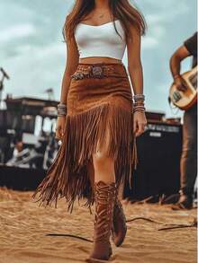 Women High Waist Fringe Midi Skirt Western Style Casual Bottoms - 棕色 - 查看 2