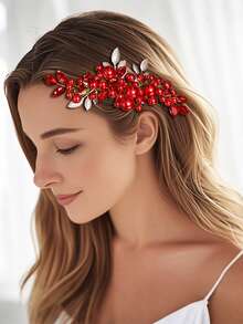 1pc Handmade Exquisite Faux Pearl Alloy Leaf Hair Comb, Women Wedding Party Prom Festival Headpiece, Valentine's Day Date Gift Hair Accessory - Red - View 2