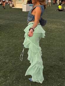 Outdoor Fashionable Tie-Up Ruffle Hem Flared Pants, Spring/Summer Vacation - Green - View 4