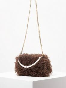 Metall Kette Umhängetasche, Perlen Tasche, Plüsch Geldbörse, elegante Damen Geldbörse, Damen Geschenk, geeignet für Valentinstag, Herbst/Winter, Y2K Stil, einzigartig, süß, täglich, Einkaufen, Dating - Braun - Übersicht 5