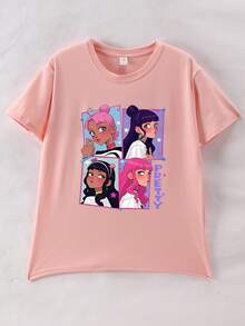 这套休闲套装采用独特的女子组合印花设计，包括一件粉色短袖圆领T恤和一条粉色喇叭裤。 - 粉色 - 查看 7