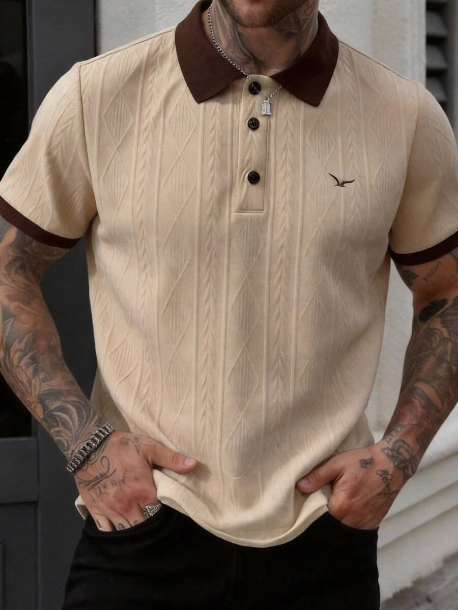 Men's Knitted Textured Contrast Collar Embroidered Polo Shirt, Versatile For Casual Wear And Commuting - Coral Pink - View 1