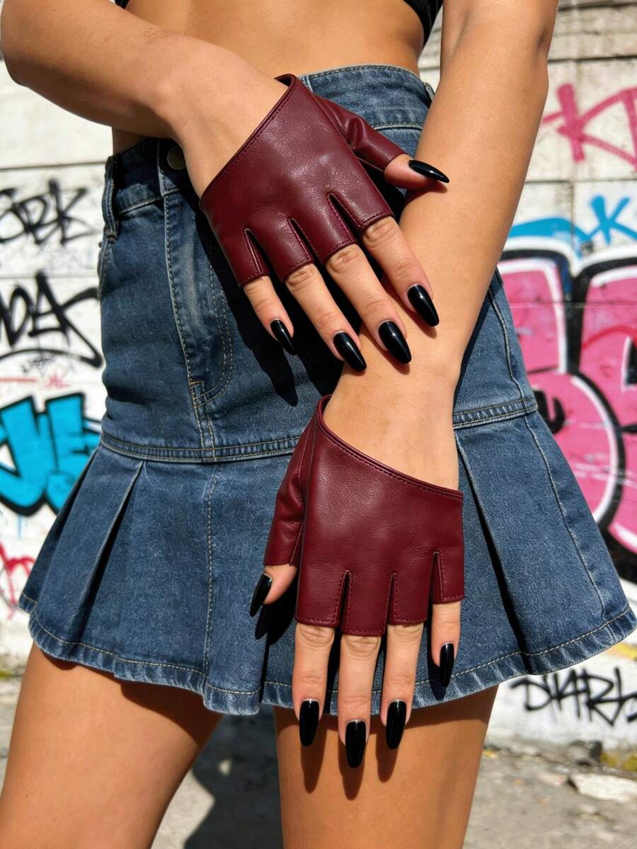 1双时尚酒红色露指PU皮手套 夏季 - 酒紅色 - 查看 1