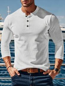 2026 nuevo hombre al aire libre versátil casual pana blusa top color sólido cuello redondo manga larga - Blanco - Ver 2