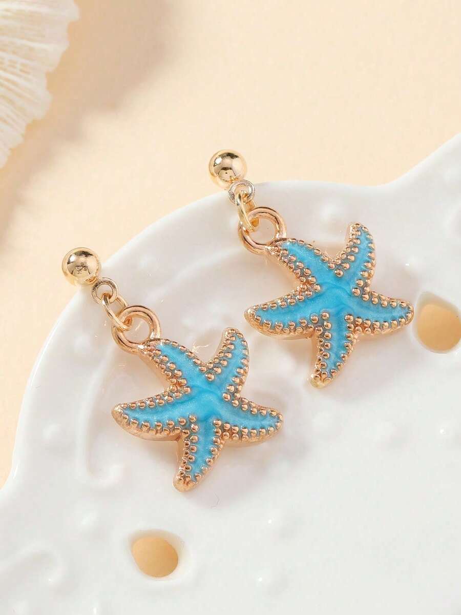 1 Pair Of Super Cute Mini New Summer Beach Ocean Style Versatile Colorful Pink Red White And Blue Gold Plated Small Starfish Charms Stud Earrings For Women Daily Wear, Personalized Starfish Boho Earrings Jewelry Accessories
