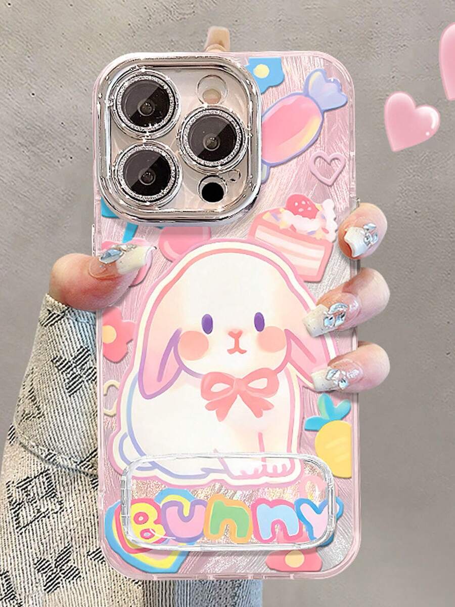 1pc Cute Cartoon Rabbit Mirror Phone Case Compatible With Apple 11/12/13/14/15/16/17 Pro Max - Pink - View 1