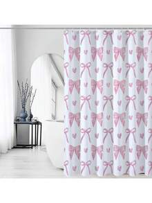 1/4 件套可爱粉色蝴蝶结浴帘,现代时尚浴室帘套装,包含防水浴帘、防滑地垫、马桶盖套、浴垫和 12 个塑料挂钩,可机洗,提花编织防水涤纶面料 - A - 查看 7