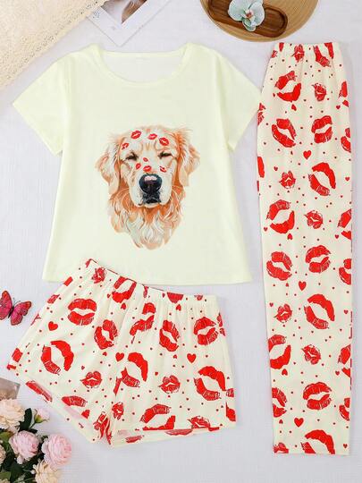 [Livanti 睡衣] 女士睡衣三件套，短袖上衣、短裤和长裤，卡通嘴唇印花图案，舒适宽松，四季皆宜，家居服