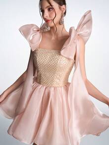 Anymoon Fairy 奢华甜美性感露背薄纱蝴蝶结立体缎面3D蕾丝串珠镂空系带后背褶皱薄纱舞会礼服，适合婚礼招待会、订婚派对、毕业舞会、公司晚宴、斋月庆祝活动 - 香檳色 - 查看 10