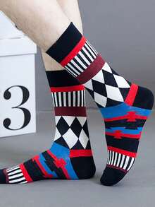 1双男女通用格子印花透气中筒袜，适合日常和假日穿着，四季皆宜 - 彩色 - 查看 3