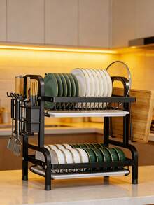 1 pieza Estante de cocina de hierro negro de 2 niveles; Organizador de almacenamiento de utensilios - Multicolor - Ver 6