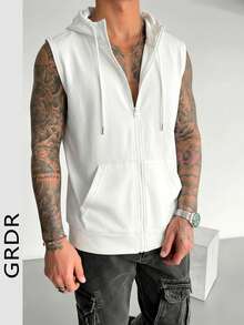 GRDR Camiseta sin mangas con capucha de unicolor para hombres, top deportivo y casual versátil - Blanco - Ver 1