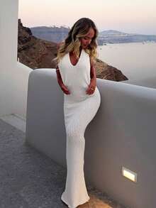 2026 Summer Women's Sleeveless Ribbed Knit Dress, Backless Design, Fitted Silhouette, Sexy For Beach Vacation - White - View 3