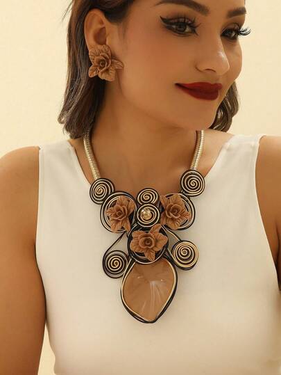 夸张的多层吊坠，手工粗铝线，树脂编织叶形，欧美、非洲、波西米亚、复古铝线亚克力，派对、节日项链和耳环