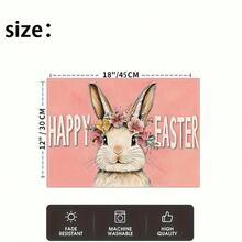 1/4/6 piezas Serie de Pascua, Un conejo con corona de flores rosas y amarillas y patrón de texto artístico blanco impreso en individual/mantel, tela de lino, lavable a mano - Adecuado para mesa de comedor, cocina, fiesta, decoración del hogar, cumpleaños, decoración de boda - Multicolor - Ver 2