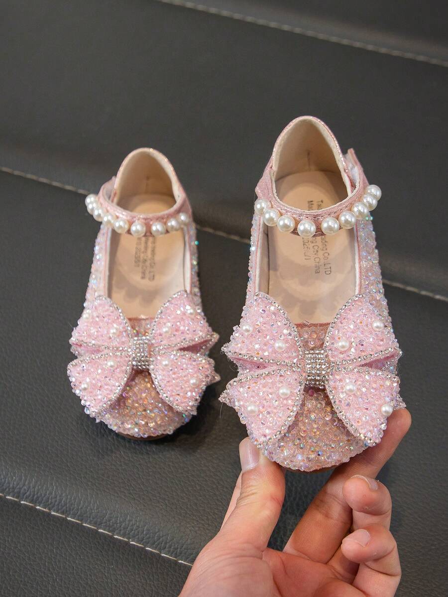 1 Pair Girls Princess Shoes, Rhinestone Flat Shoes For Children, Spring/Autumn - Pink - View 1