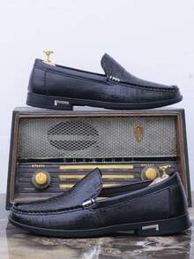 男士休闲商务鞋，乐福鞋，一脚蹬，四季皆宜，春夏款，舒适，简约，商务风，鳄鱼纹，办公鞋，学院风，通勤，日常休闲，男士，黑色，棕色 - 黑色 - 查看 4