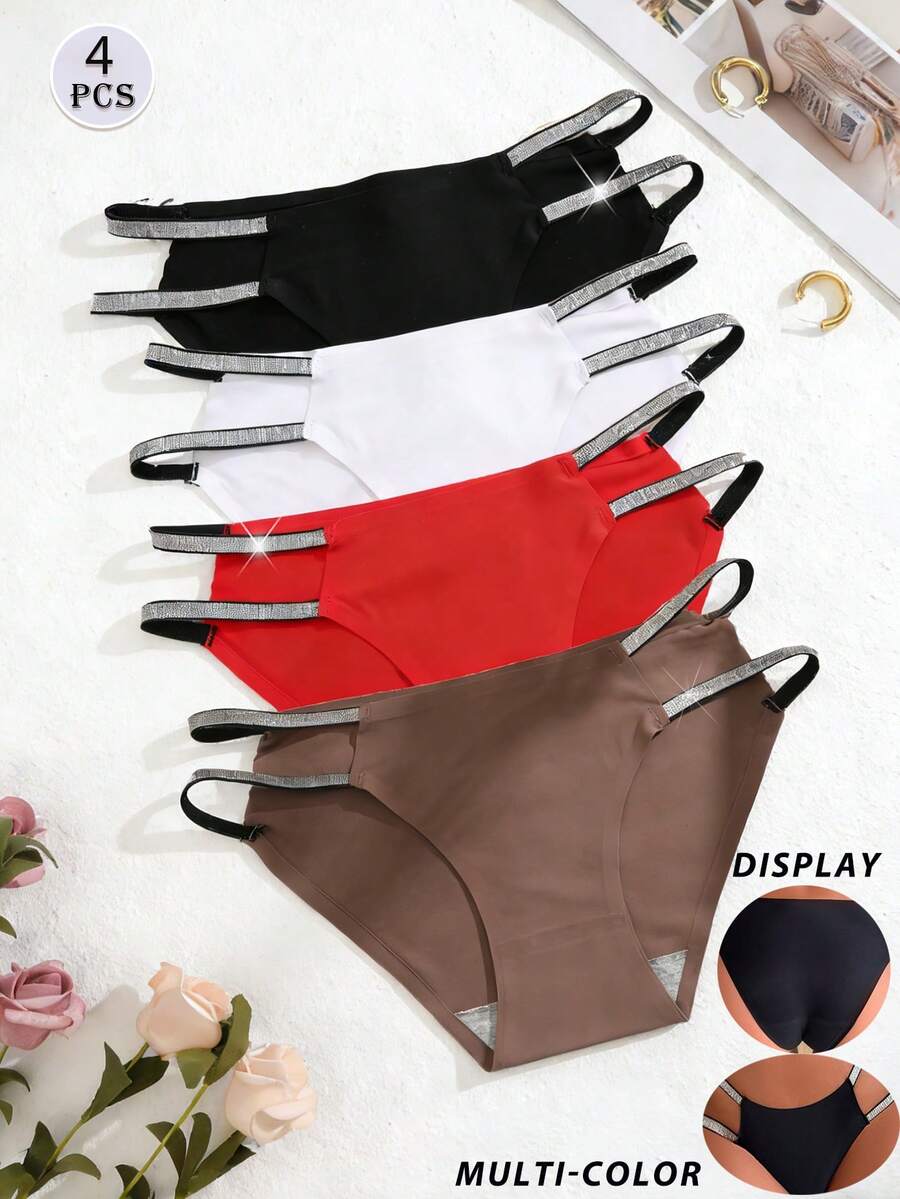 4 piezas de bragas de mujer sin costuras de tiro bajo con cinta plateada sexy - Multicolor - Ver 1