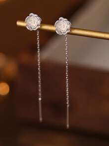 1 Pair S925 Sterling Silver Iridescent Romantic Rose Flower Earrings, Women Luxury Elegant Tassel Earrings, Versatile Everyday Wear Accessories, Gift - Rose - View 3