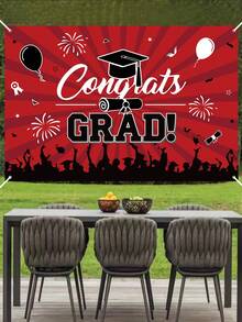 1件装2D平面2026毕业派对背景，红黑“祝贺毕业”字样，包含毕业帽、烟花、气球图案，适用于毕业摄影，多用途墙面装饰，适合家庭、办公室、户外、工作室、派对、节日礼物、2026毕业派对用品、毕业家庭节日聚会礼物、墙面装饰、毕业主题背景、派对装饰配件、派对礼品 - 紅黑色 - 查看 2