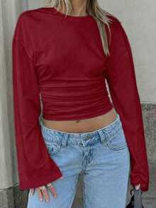 新款时尚纯色荷叶边优雅长袖圆领衬衫，适合度假、约会、上学、旅行和日常穿着，春季必备。 - 紅色 - 查看 3