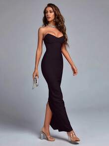 Bernatova Đầm midi cúp ngực gợi cảm với đường xẻ sau, màu cà phê, thích hợp cho tiệc tùng, tiệc cocktail, sự kiện buổi tối, sinh nhật, lễ hội, lễ tốt nghiệp, khách dự đám cưới, các dịp trang trọng mùa xuân. - Cà phê nâu - Xem 2