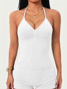 DINBEY 女士长肩带高强度运动吊带背心，透气弹力瑜伽健身户外跑步运动服 白色 - 白色 - 查看 4